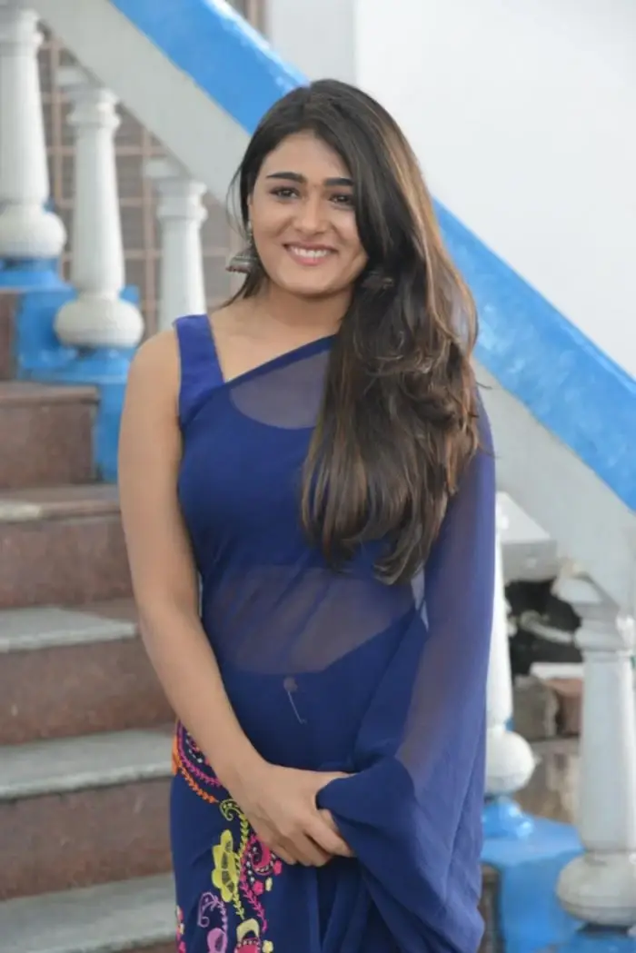 Indian Actress Shalini Pandey In Blue Saree At Telugu Movie Opening